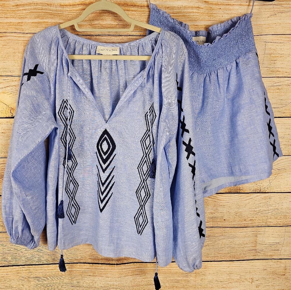 Sachin Babi Blue Linen Embroidered Shirt and Short Set Size Medium